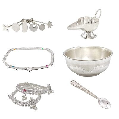 lver Baby Set Pottu Kit,Hip Chain, Anklet, Feeder, Bowl,Spoon