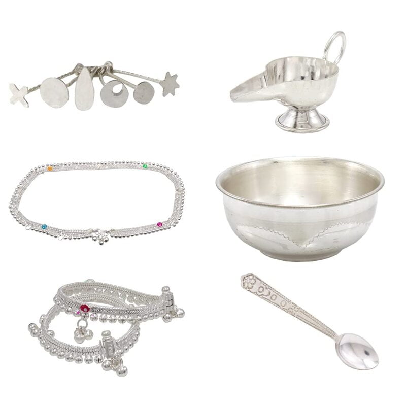 lver Baby Set Pottu Kit,Hip Chain, Anklet, Feeder, Bowl,Spoon lver Baby Set Pottu Kit,Hip Chain, Anklet, Feeder, Bowl,Spoon