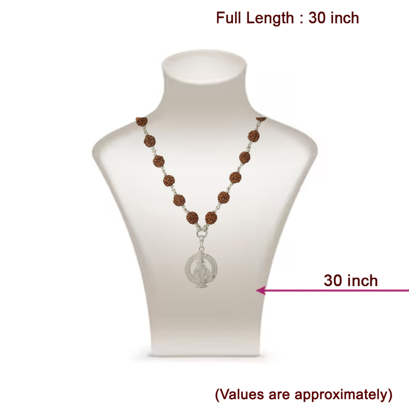 925 Silver Ayyappan Pendant & Rudraksha Mala - 8mm,54beads,30 Inches